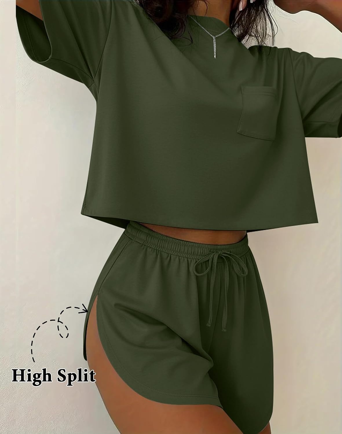 image:imageEkouaer Womens Pajama Sets Sexy Lounge Sets Side Split Short Pj SetsArmy Green