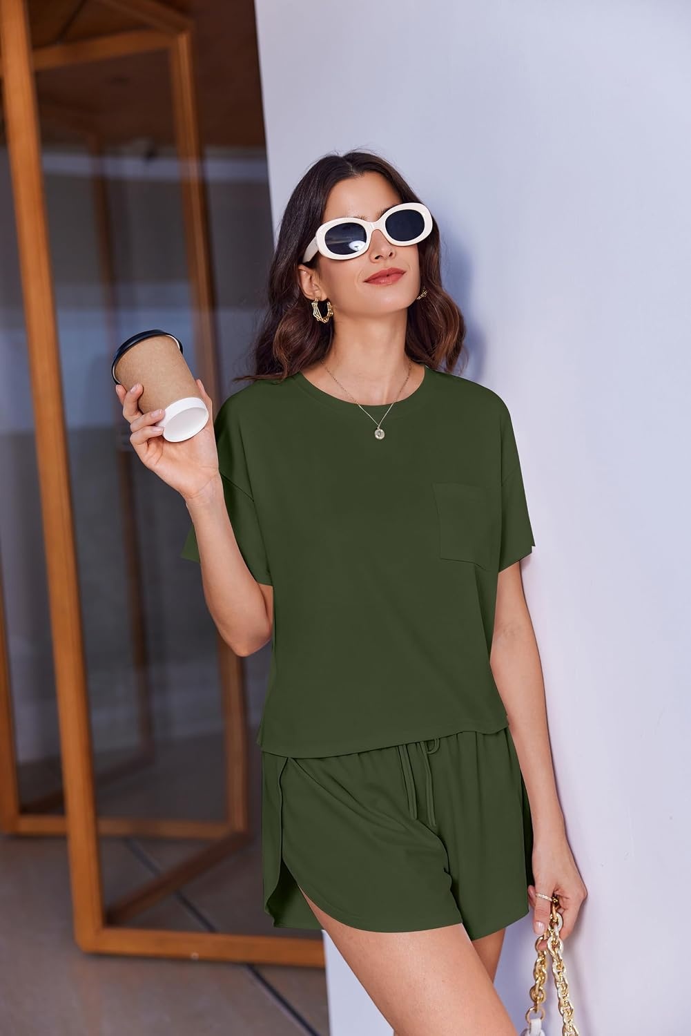 image:imageEkouaer Womens Pajama Sets Sexy Lounge Sets Side Split Short Pj SetsArmy Green