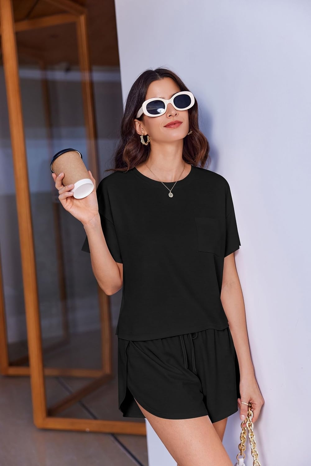 image:imageEkouaer Womens Pajama Sets Sexy Lounge Sets Side Split Short Pj SetsBlack