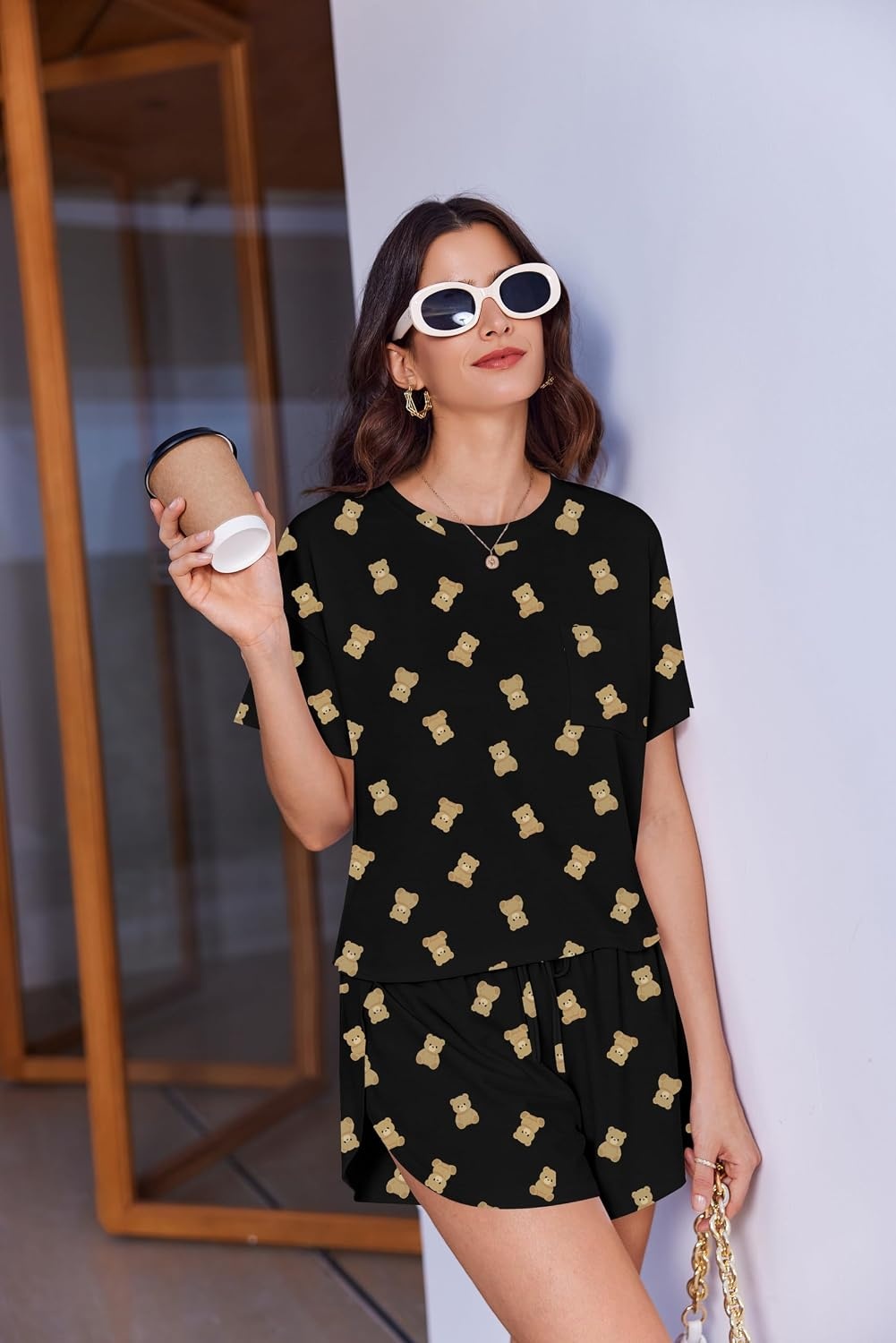 image:imageEkouaer Womens Pajama Sets Sexy Lounge Sets Side Split Short Pj SetsBlack Teddy Bear
