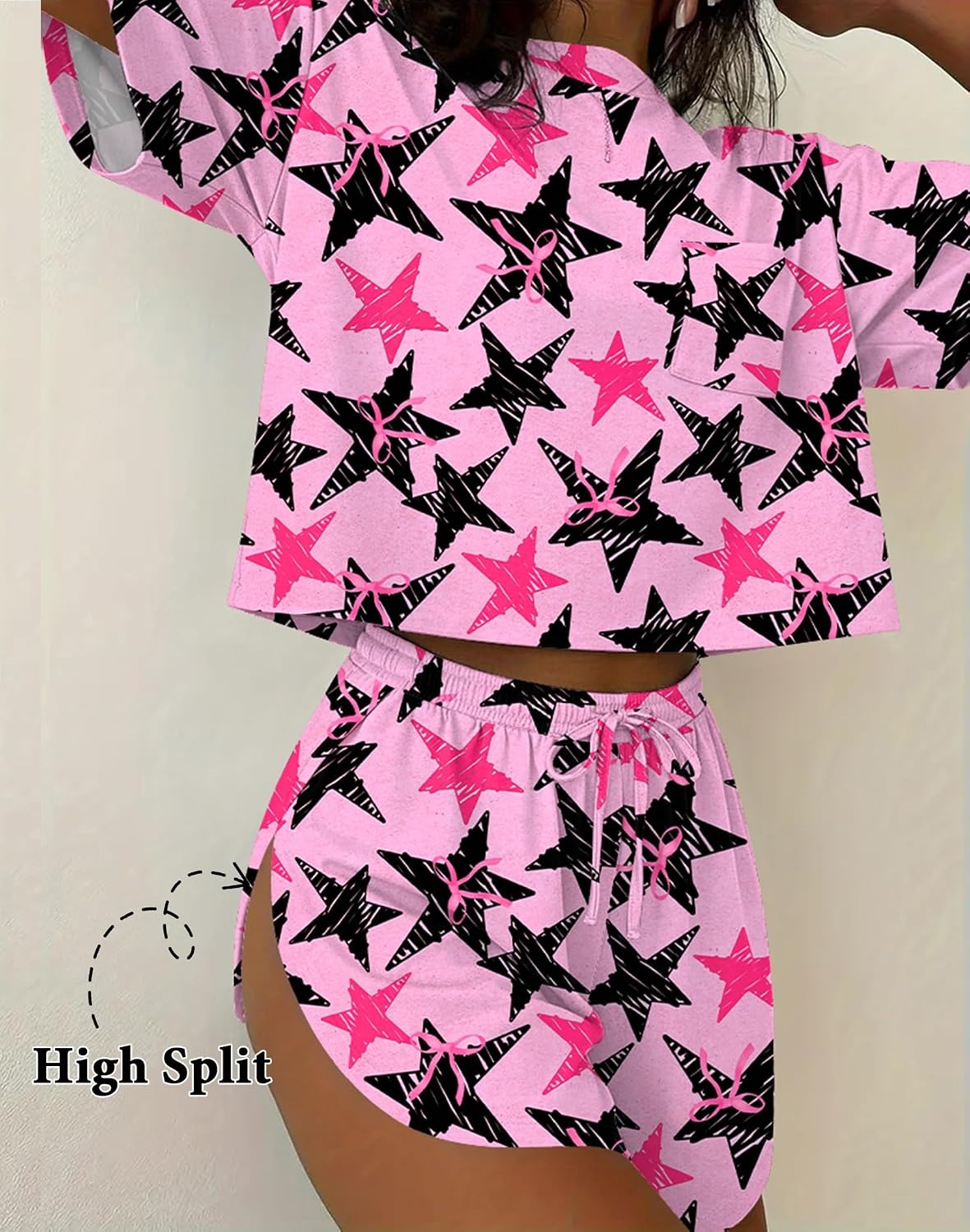 image:imageEkouaer Womens Pajama Sets Sexy Lounge Sets Side Split Short Pj SetsBlackpink Fivepointed Star Bow