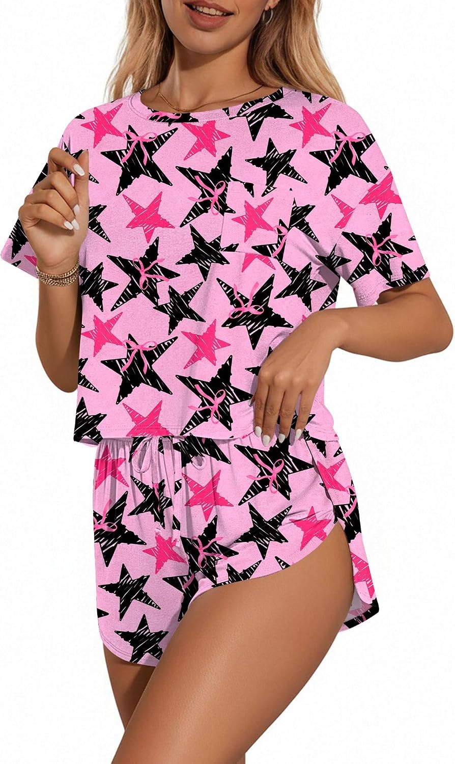 image:imageEkouaer Womens Pajama Sets Sexy Lounge Sets Side Split Short Pj SetsBlackpink Fivepointed Star Bow