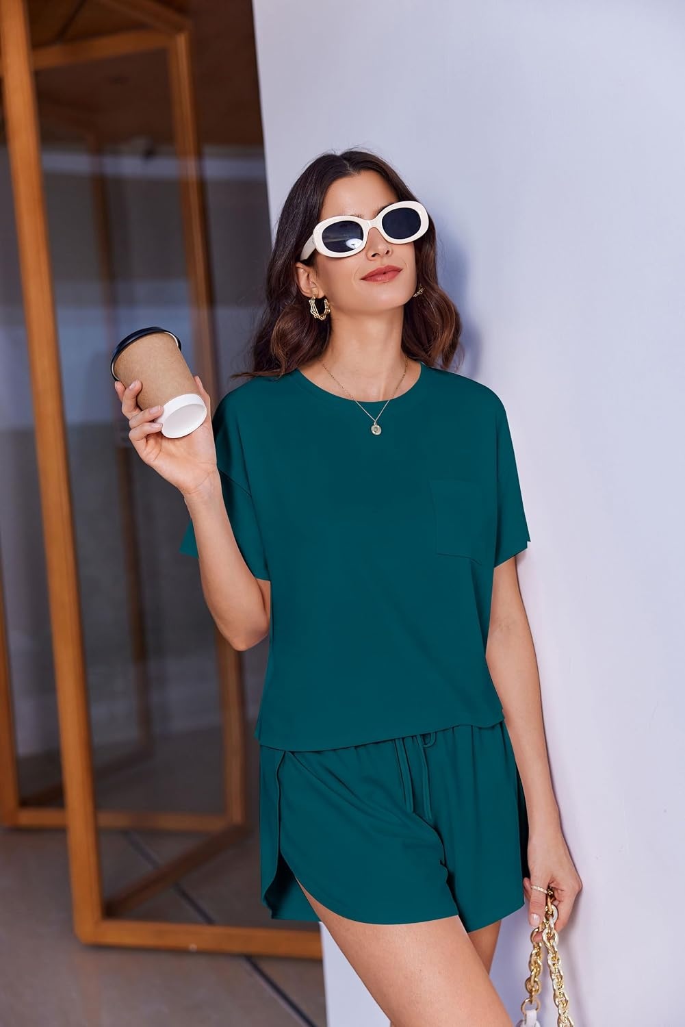 image:imageEkouaer Womens Pajama Sets Sexy Lounge Sets Side Split Short Pj SetsBlue Green