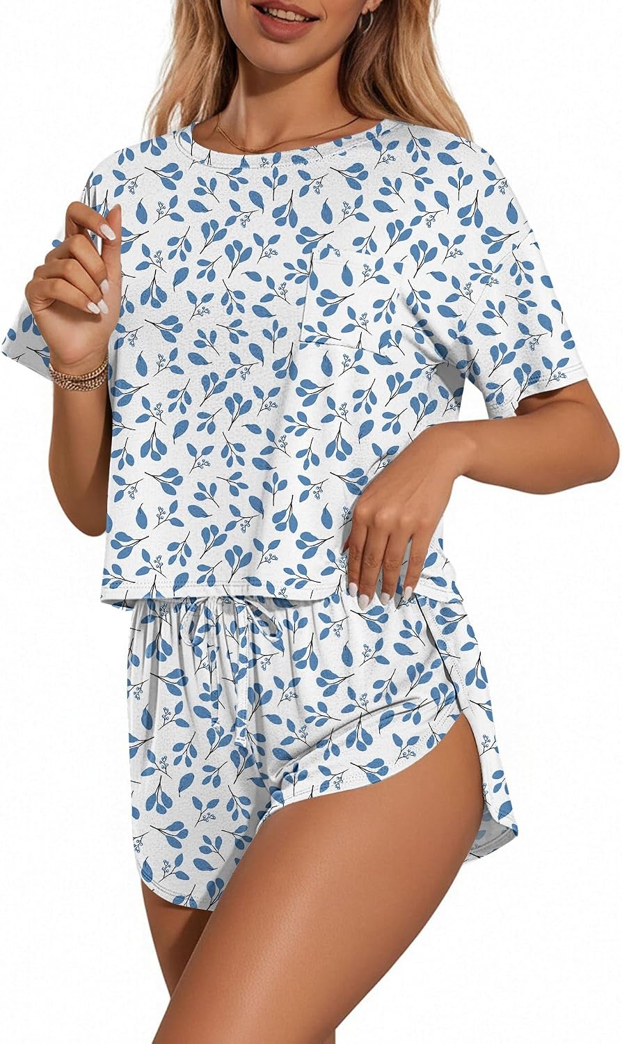 image:imageEkouaer Womens Pajama Sets Sexy Lounge Sets Side Split Short Pj SetsBlue Leaves