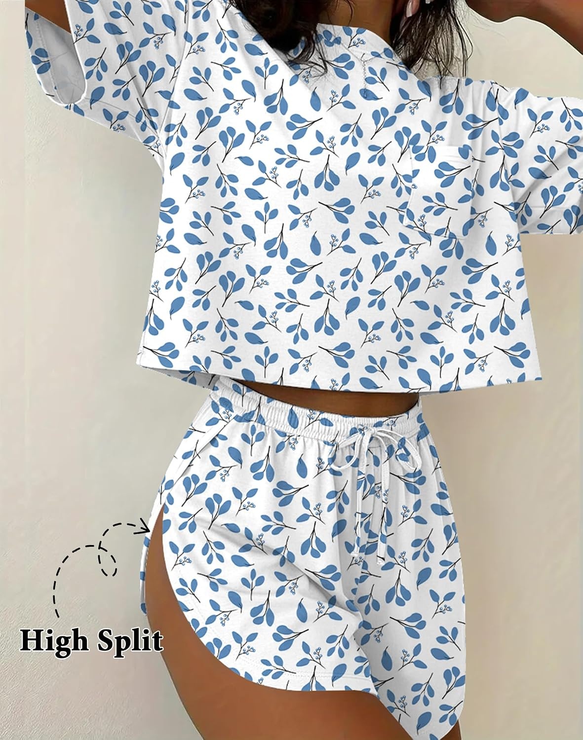 image:imageEkouaer Womens Pajama Sets Sexy Lounge Sets Side Split Short Pj SetsBlue Leaves