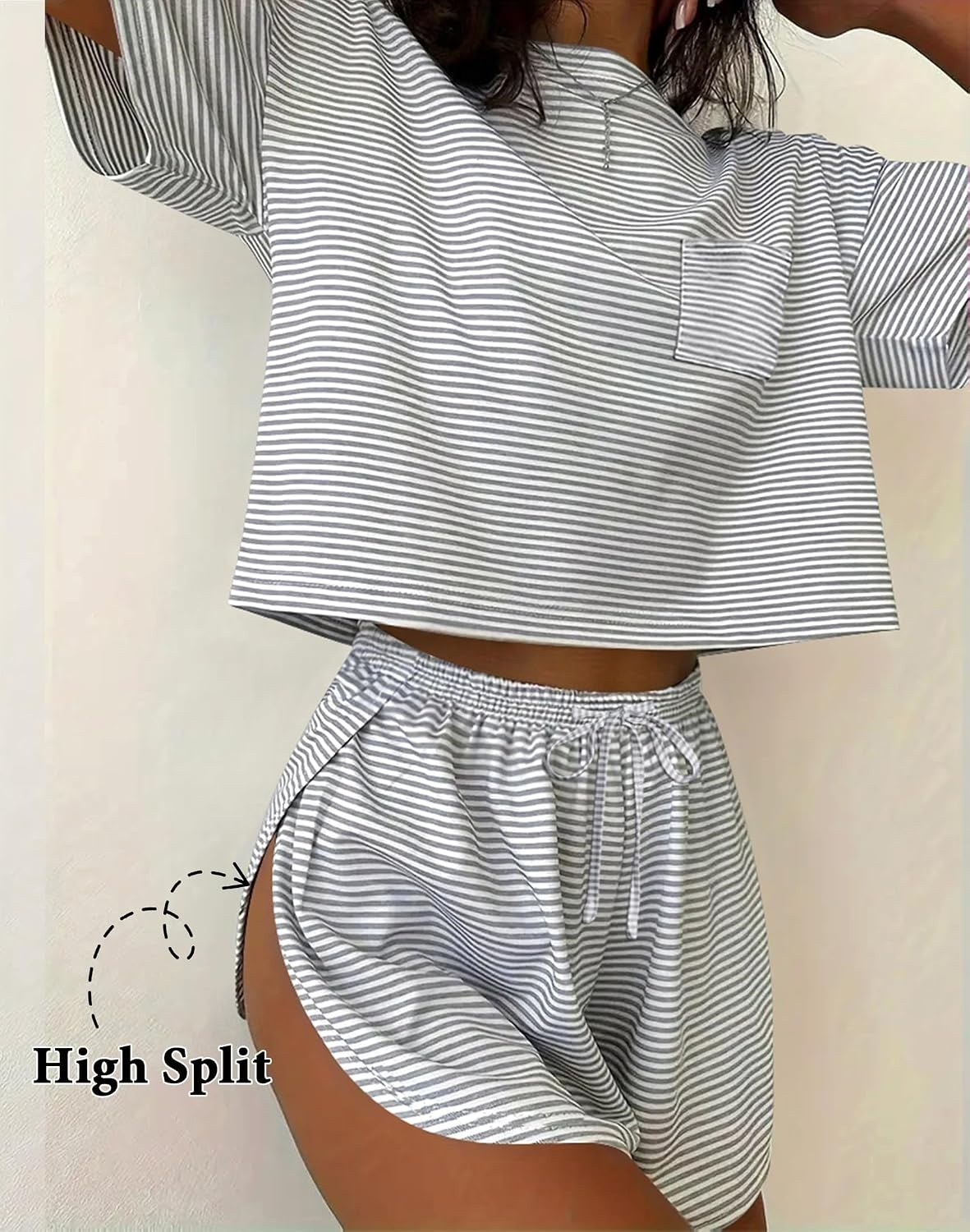 image:imageEkouaer Womens Pajama Sets Sexy Lounge Sets Side Split Short Pj SetsGraywhite Stripes