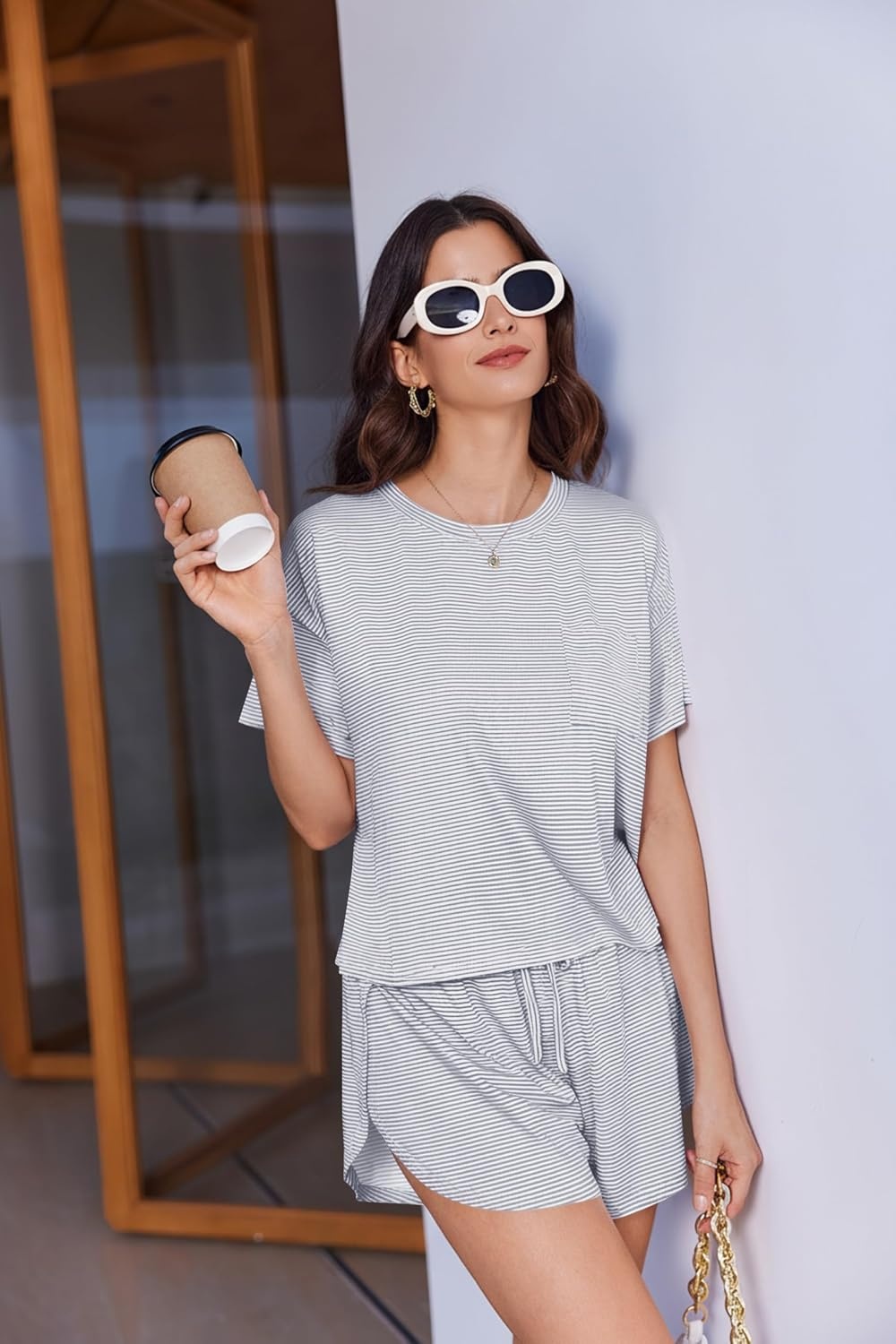 image:imageEkouaer Womens Pajama Sets Sexy Lounge Sets Side Split Short Pj SetsGraywhite Stripes