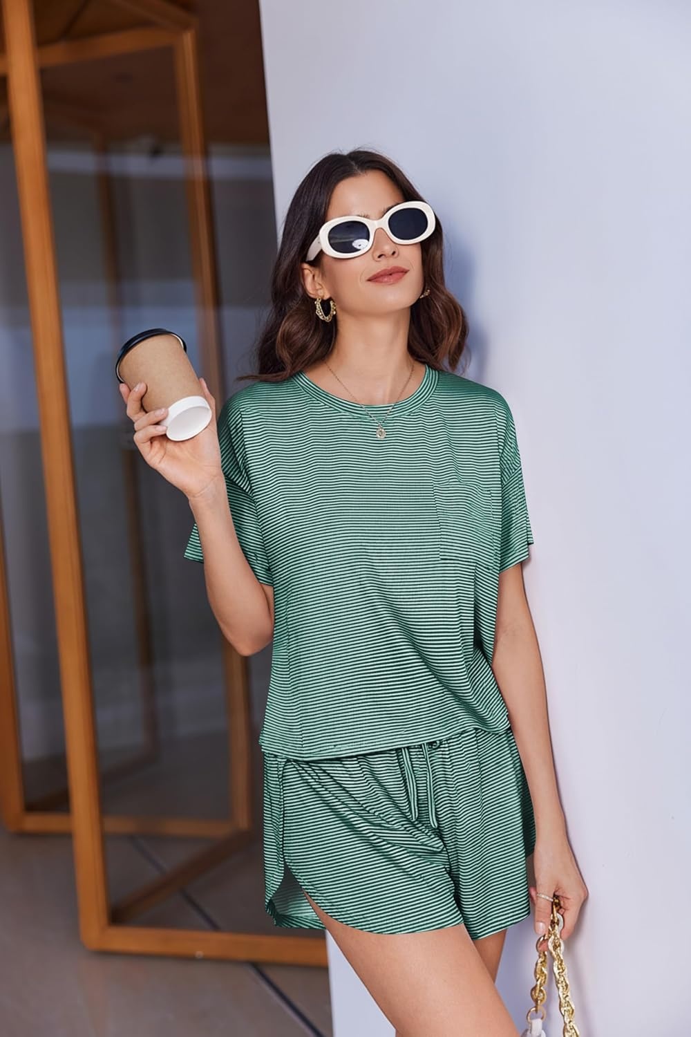 image:imageEkouaer Womens Pajama Sets Sexy Lounge Sets Side Split Short Pj SetsGreen and White Stripes
