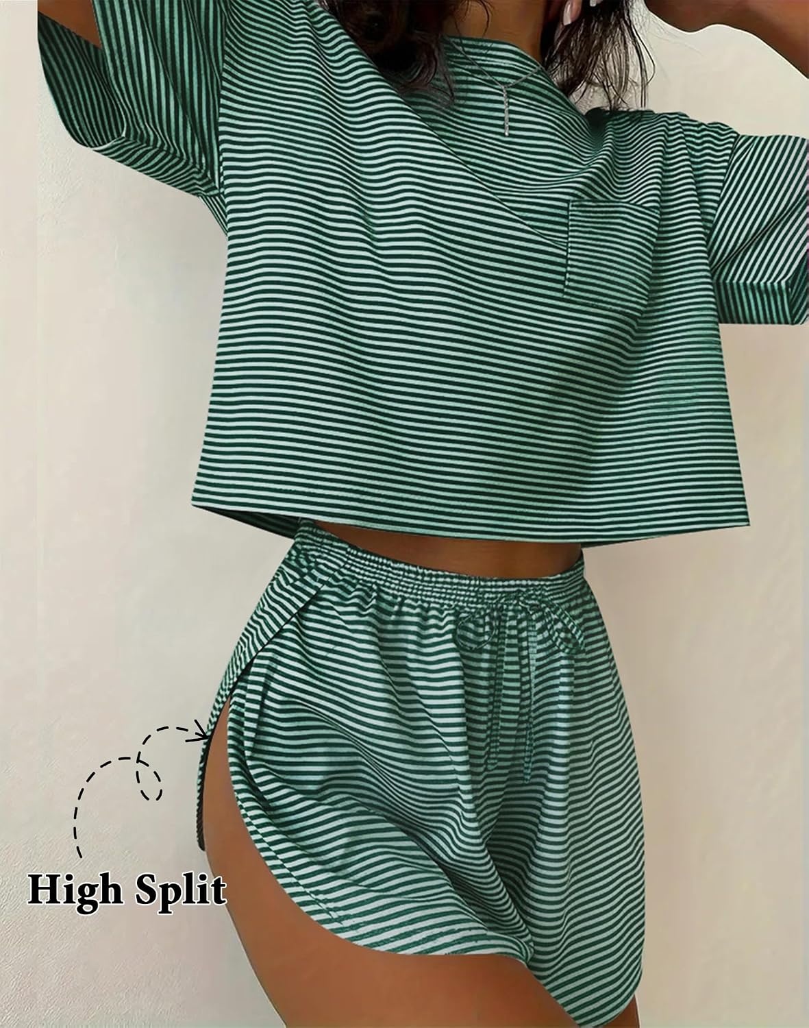 image:imageEkouaer Womens Pajama Sets Sexy Lounge Sets Side Split Short Pj SetsGreen and White Stripes