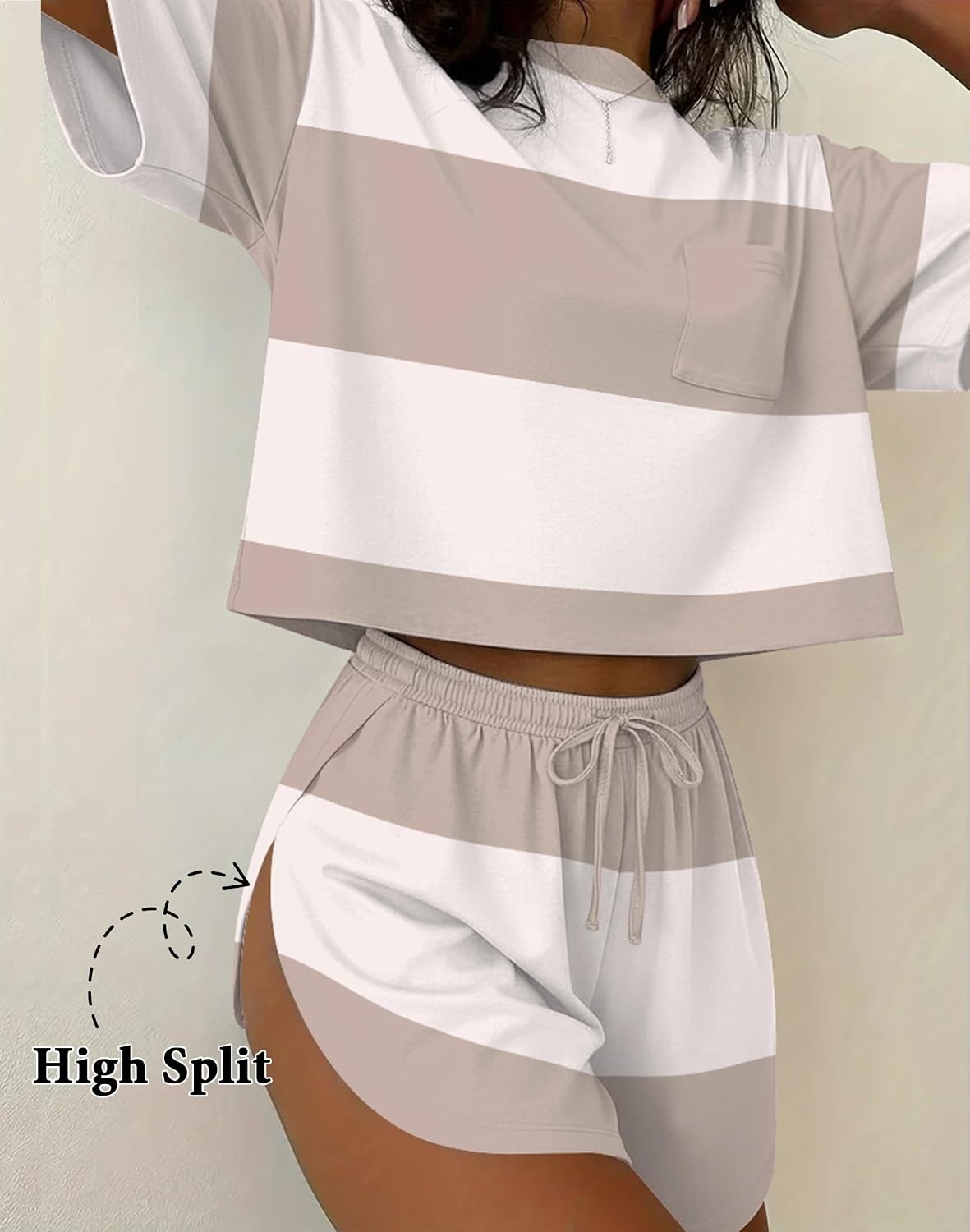 image:imageEkouaer Womens Pajama Sets Sexy Lounge Sets Side Split Short Pj SetsKhaki Stripes
