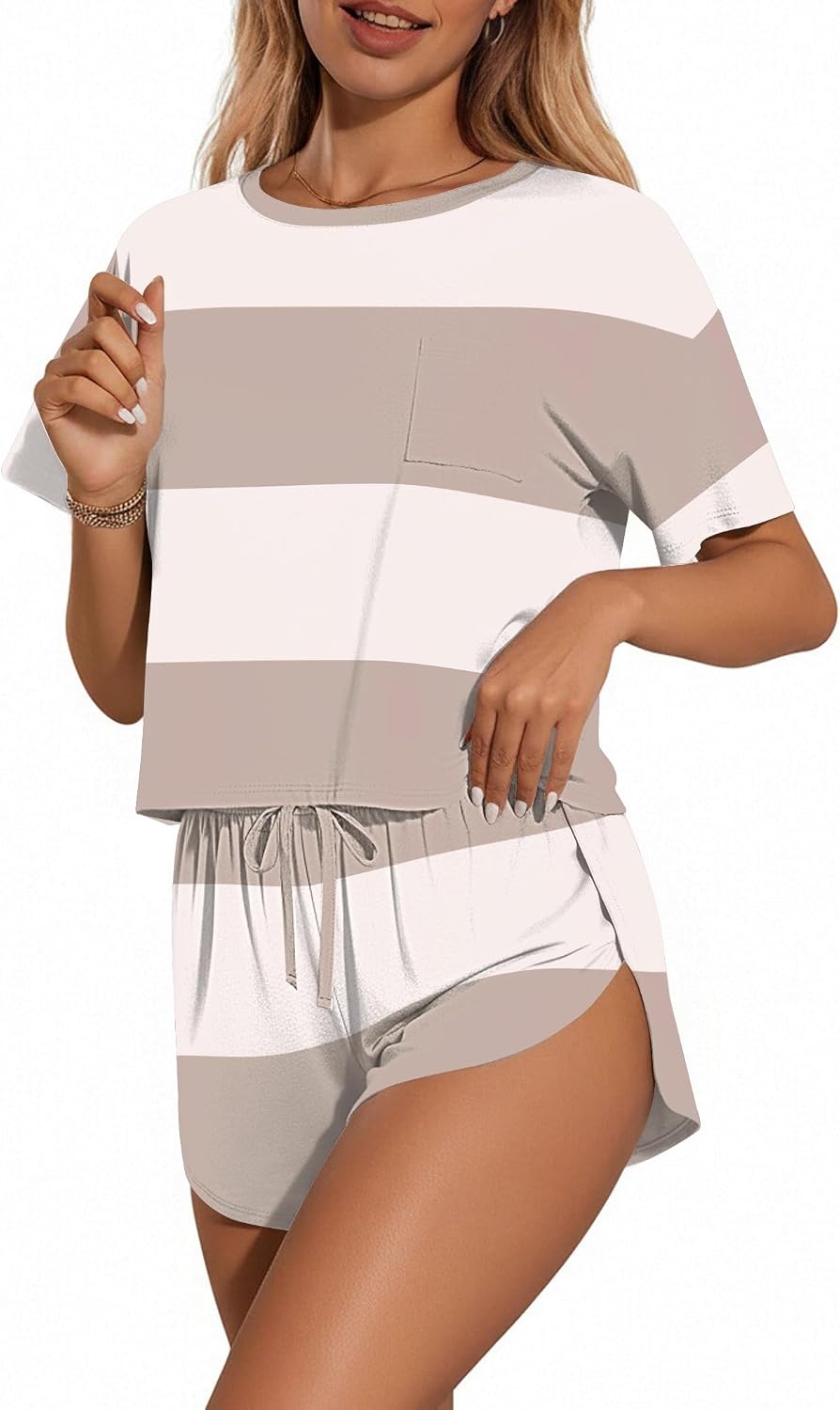 image:imageEkouaer Womens Pajama Sets Sexy Lounge Sets Side Split Short Pj SetsKhaki Stripes