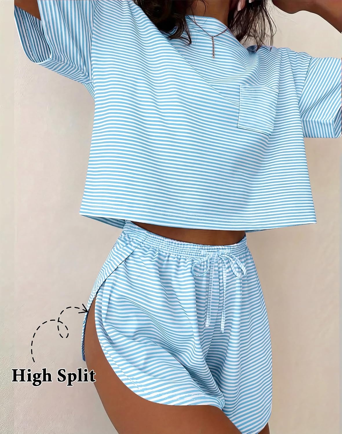 image:imageEkouaer Womens Pajama Sets Sexy Lounge Sets Side Split Short Pj SetsLight Blue Stripes