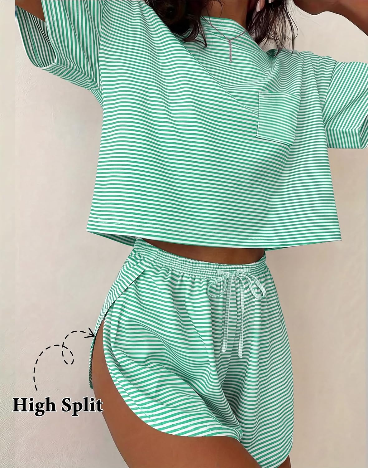 image:imageEkouaer Womens Pajama Sets Sexy Lounge Sets Side Split Short Pj SetsLight Green Stripes