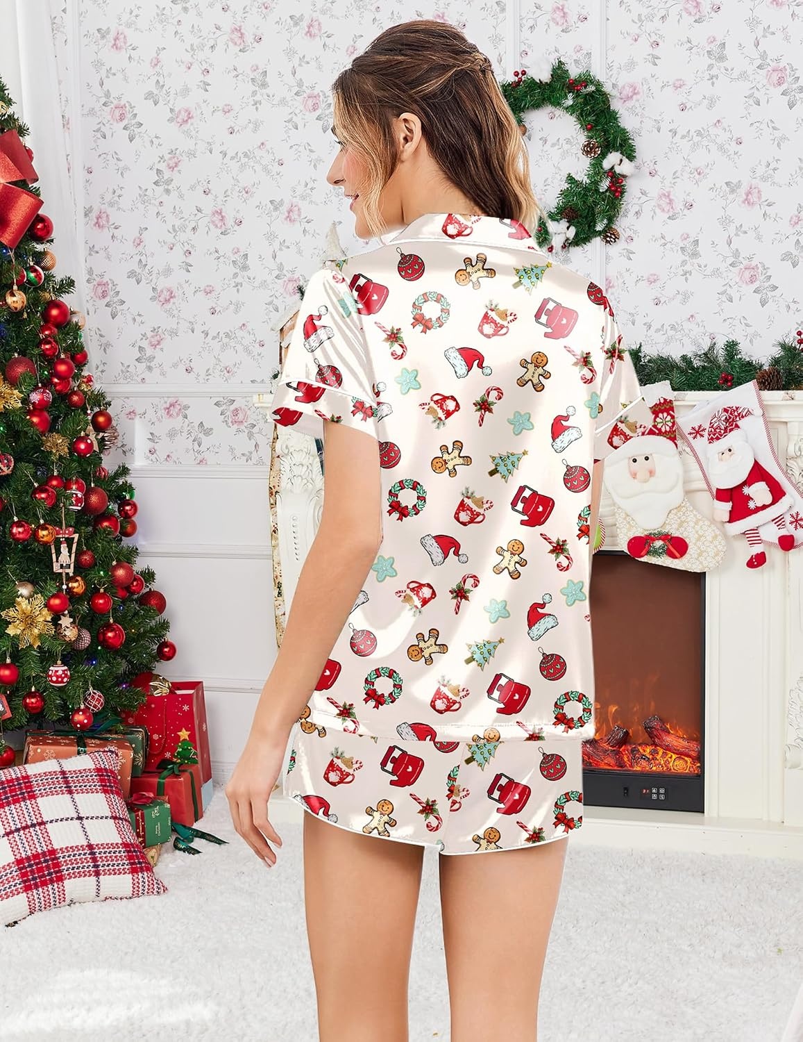 image:imageEkouaer Womens Satin Pajama Set Silk Pj Short Sets 2 Piece Loungewear S5XLBeige Christmas Gingerbread