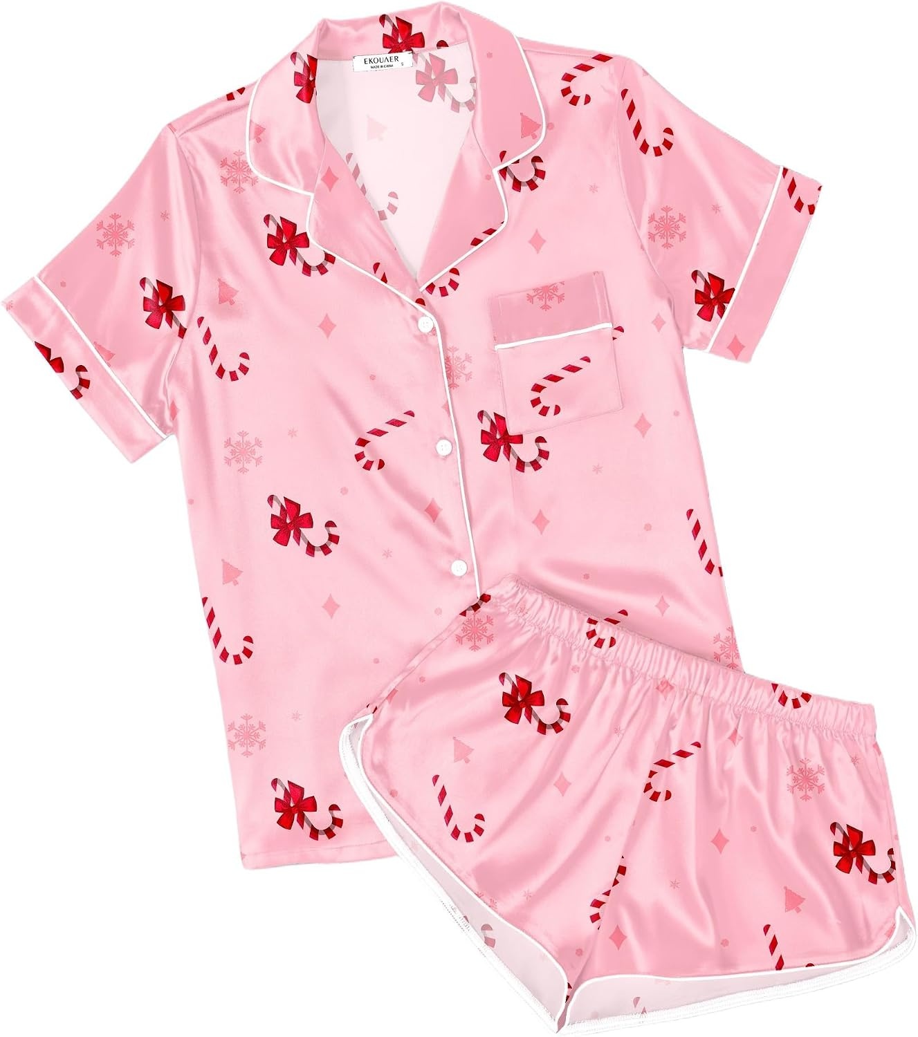 image:imageEkouaer Womens Satin Pajama Set Silk Pj Short Sets 2 Piece Loungewear S5XLPink Christmas Candy Cane