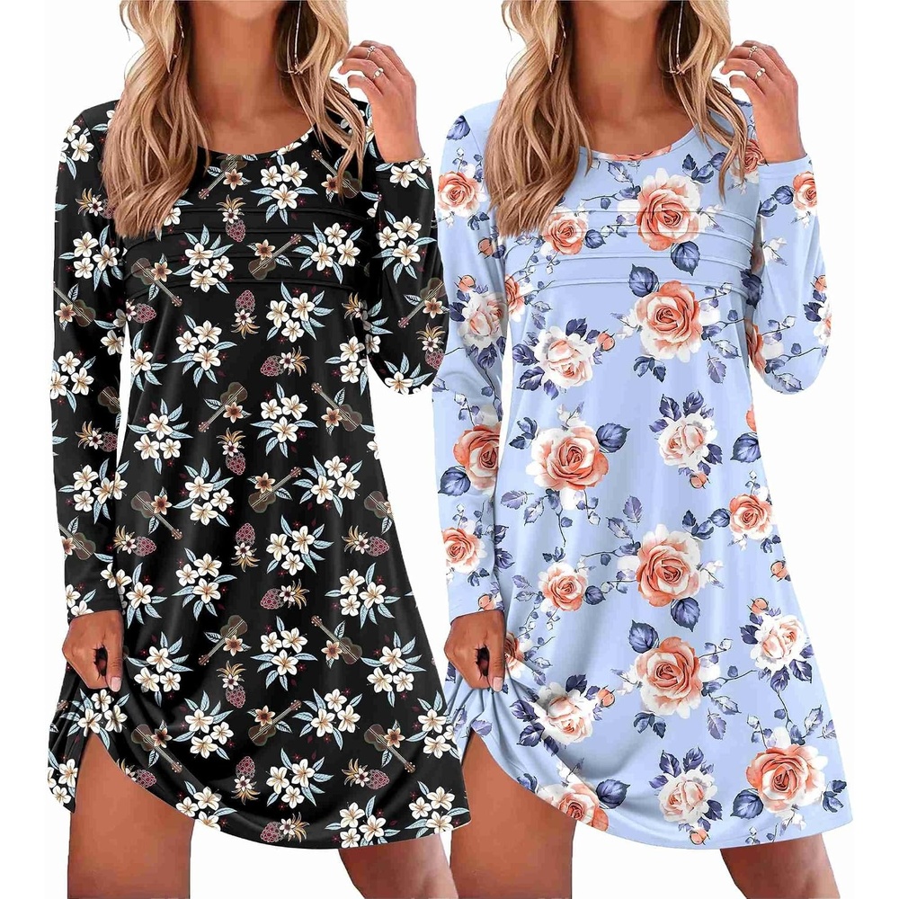 image:imageEkouaer 2 Pack Long Sleeve Nightgown for Women Crew Neck Pleated SleepshirtBlack FlowerBlue Flower