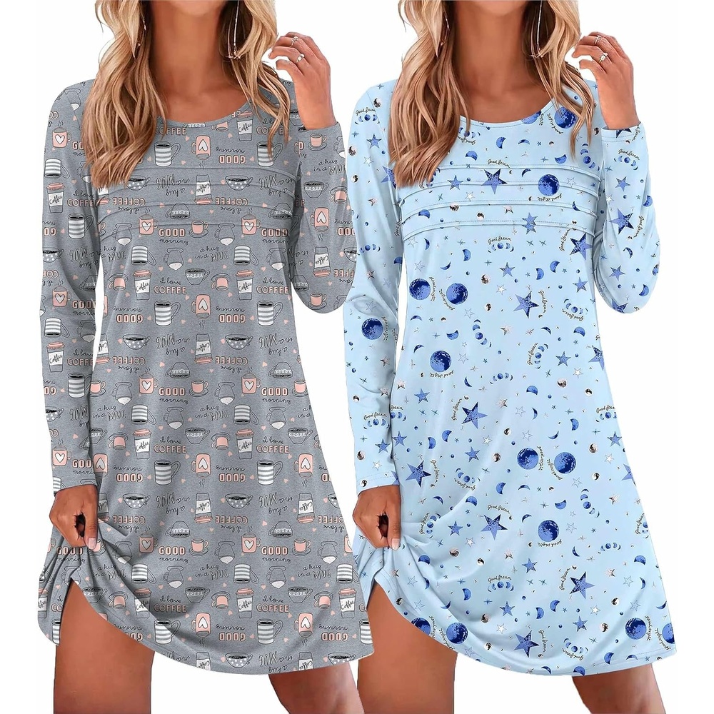 image:imageEkouaer 2 Pack Long Sleeve Nightgown for Women Crew Neck Pleated SleepshirtCoffeStar Print