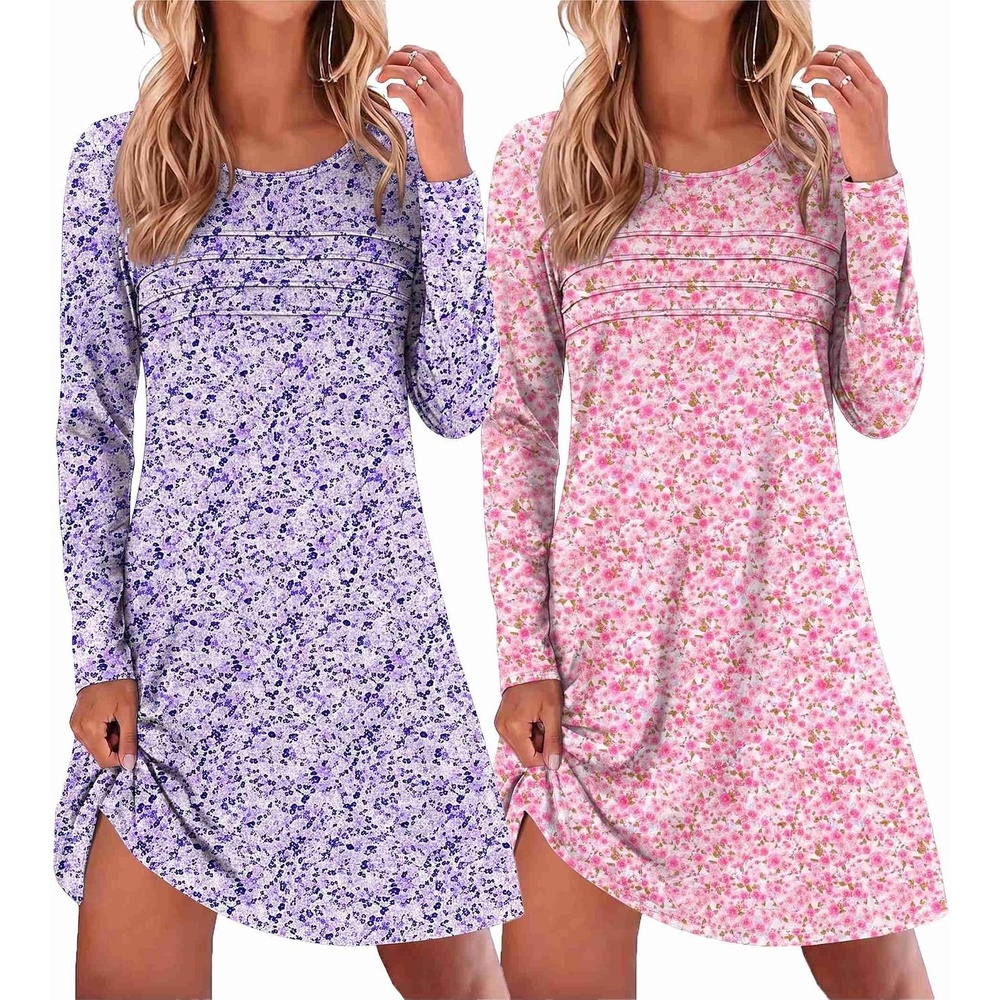 image:imageEkouaer 2 Pack Long Sleeve Nightgown for Women Crew Neck Pleated SleepshirtPurple FloralPink Floral