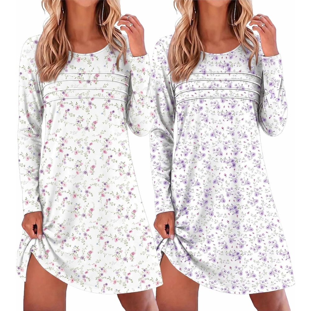 image:imageEkouaer 2 Pack Long Sleeve Nightgown for Women Crew Neck Pleated SleepshirtPurple FlowerWhite Floral
