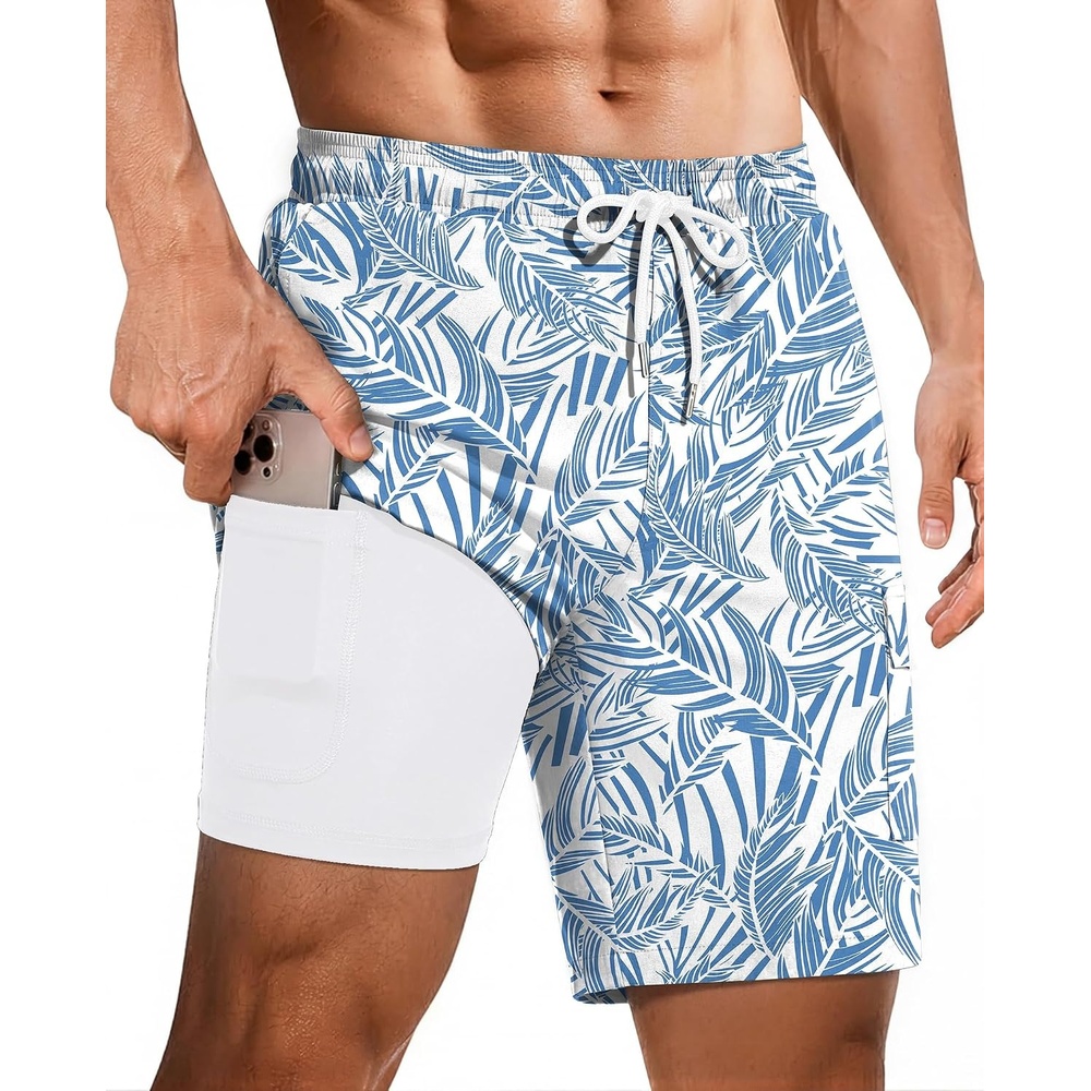image:imageEkouaer 9 Inch Mens Swim Trunks with Compression Liner 2 in 1 Board ShortsPlant Leaves