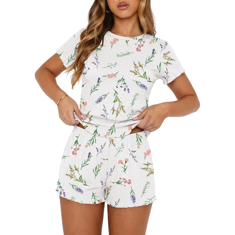 image:imageEkouaer Cute Pajama Sets for Women Summer Short Sleeve Lounge Sets SXXLWhite Flowers