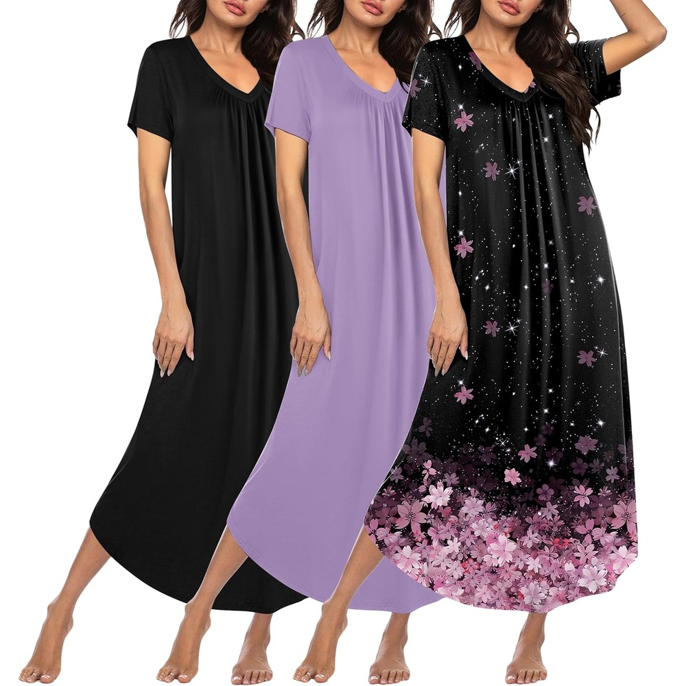 image:imageEkouaer Long Nightgowns for Women 3 Pack House Dress Plus Size Moo MoosBlackBlack FloralLight Purple