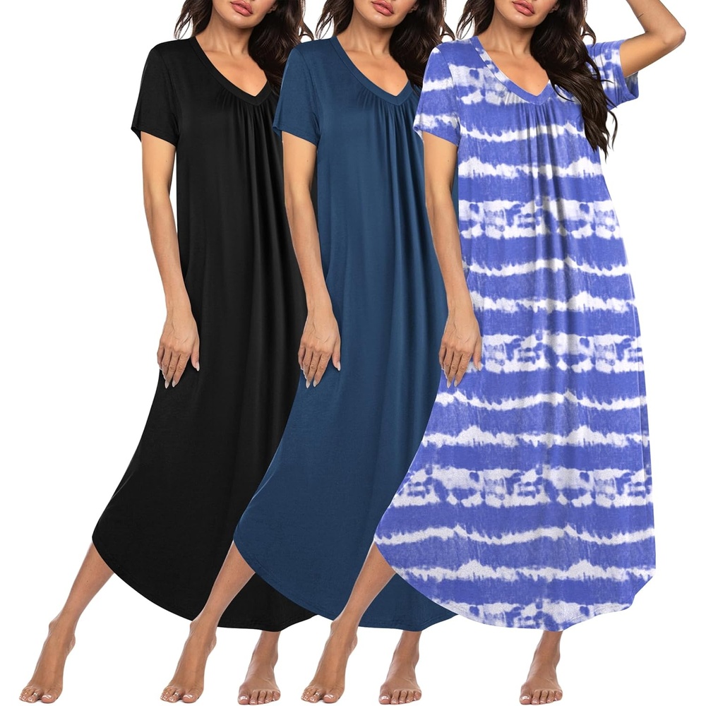 image:imageEkouaer Long Nightgowns for Women 3 Pack House Dress Plus Size Moo MoosBlackBlueWhite Blue Striped