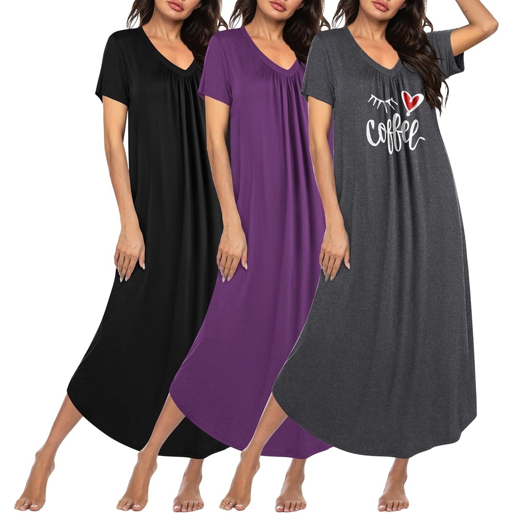 image:imageEkouaer Long Nightgowns for Women 3 Pack House Dress Plus Size Moo MoosBlackGrey PrintPurple