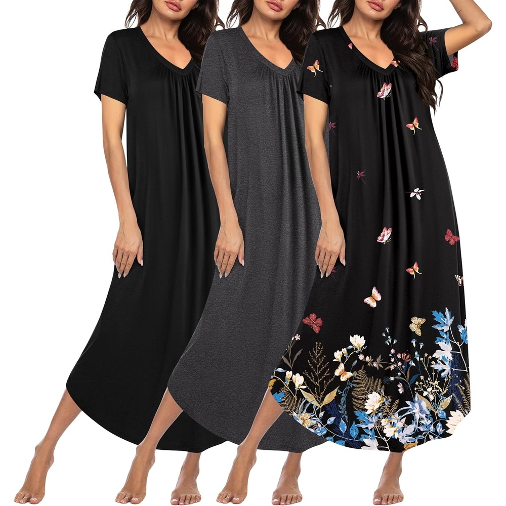 image:imageEkouaer Long Nightgowns for Women 3 Pack House Dress Plus Size Moo MoosBlackGreyBlack Butterfly