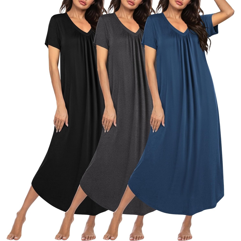 image:imageEkouaer Long Nightgowns for Women 3 Pack House Dress Plus Size Moo MoosBlackGreyBlue