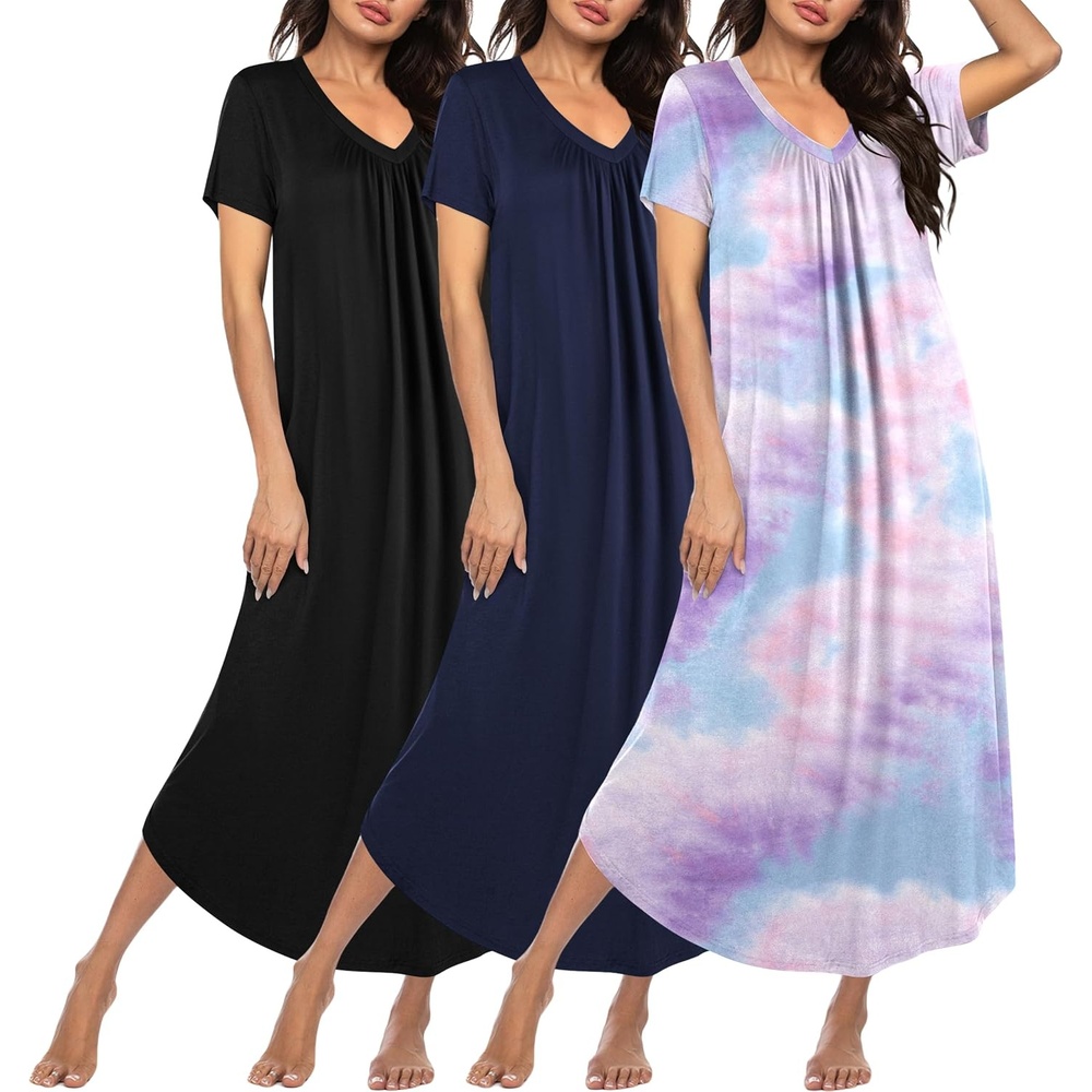 image:imageEkouaer Long Nightgowns for Women 3 Pack House Dress Plus Size Moo MoosBlackNavy BlueTie Dye