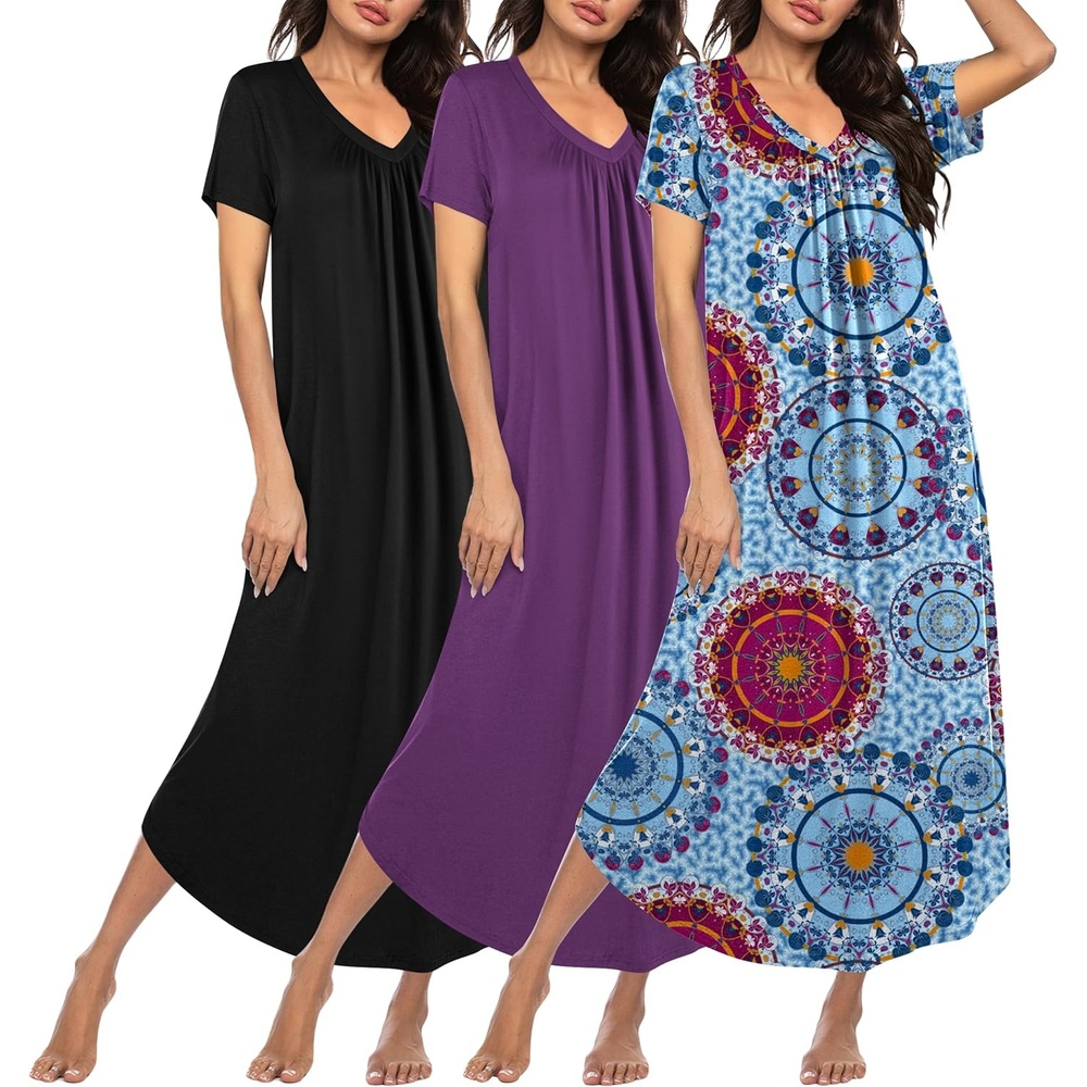 image:imageEkouaer Long Nightgowns for Women 3 Pack House Dress Plus Size Moo MoosBlackPurpleBlue Datura