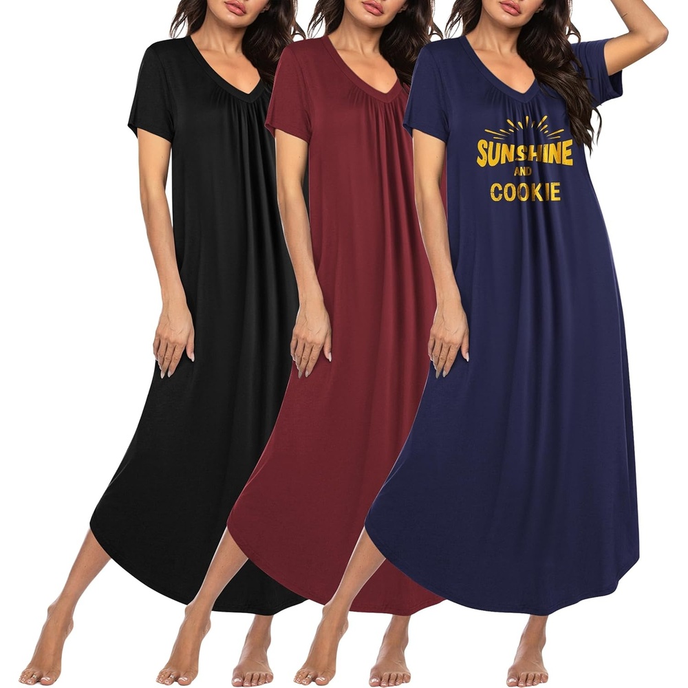 image:imageEkouaer Long Nightgowns for Women 3 Pack House Dress Plus Size Moo MoosBlackWine RedNavy Print