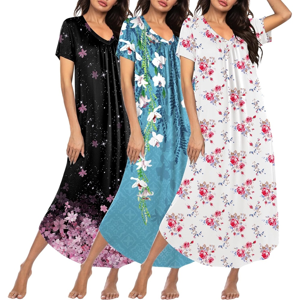 image:imageEkouaer Long Nightgowns for Women 3 Pack House Dress Plus Size Moo MoosBlue FloralPink FloralBlack Floral