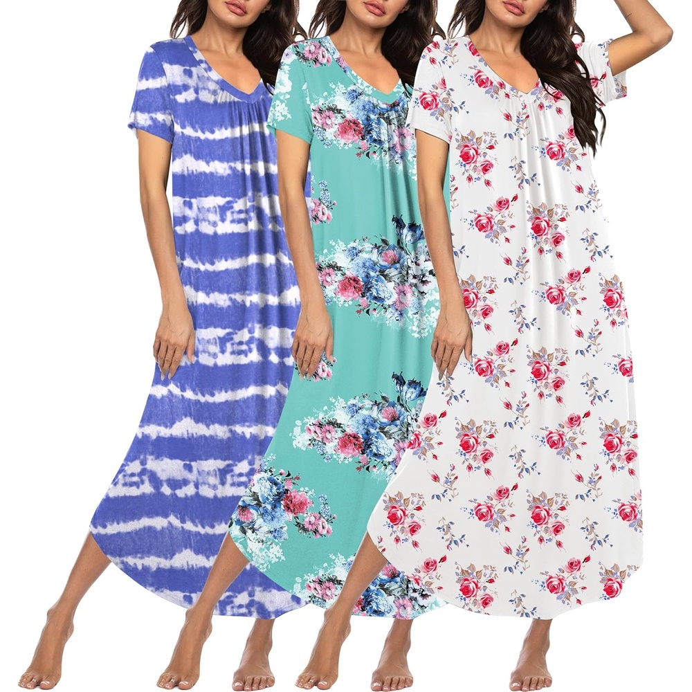image:imageEkouaer Long Nightgowns for Women 3 Pack House Dress Plus Size Moo MoosBlue FloralPink FloralBlue Striped