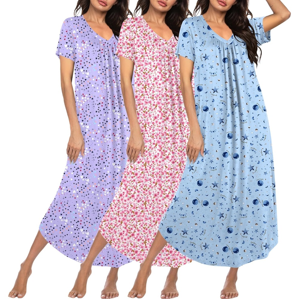 image:imageEkouaer Long Nightgowns for Women 3 Pack House Dress Plus Size Moo MoosBlue MoonPurple StarPink Flowers