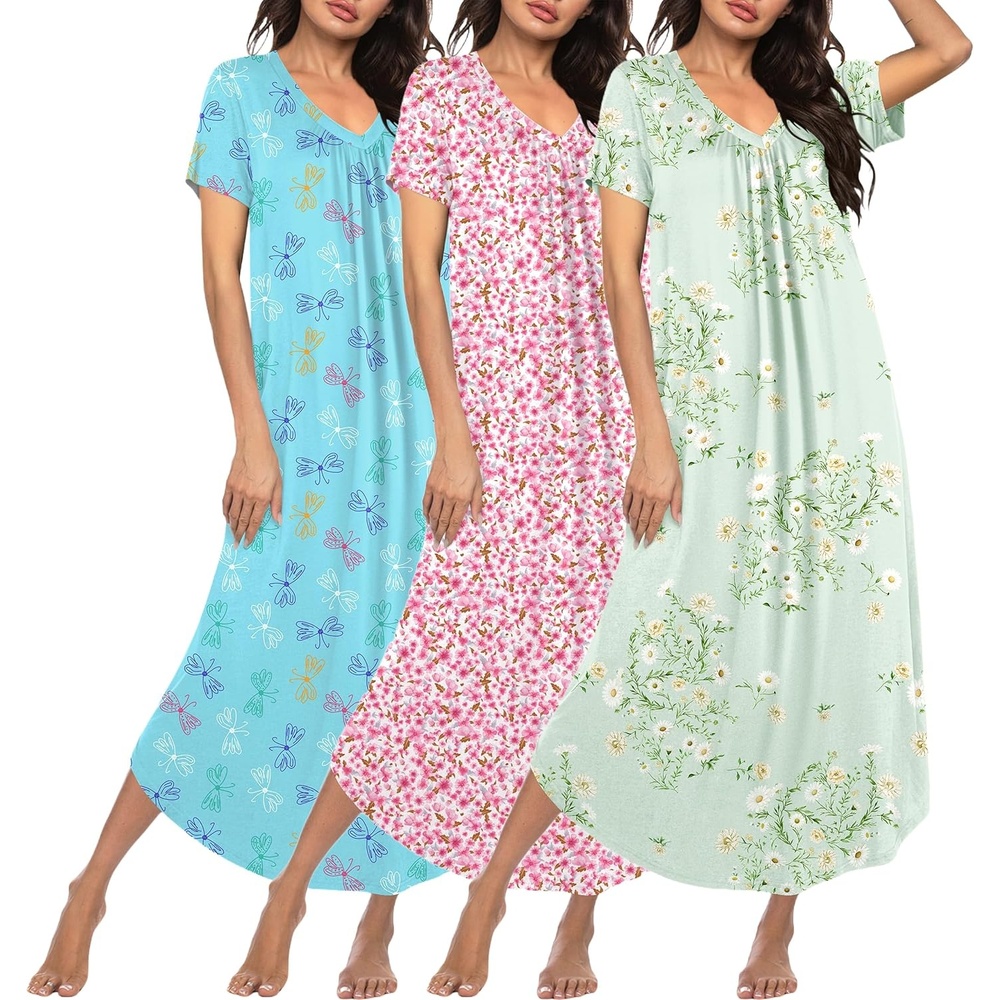 image:imageEkouaer Long Nightgowns for Women 3 Pack House Dress Plus Size Moo MoosPink FlowersPurple StarBlue Butterfly