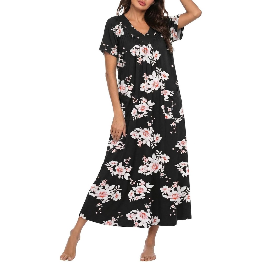 image:imageEkouaer Long Nightgowns for Women Short Sleeve Full Length Night ShirtsBlack Pink Flower