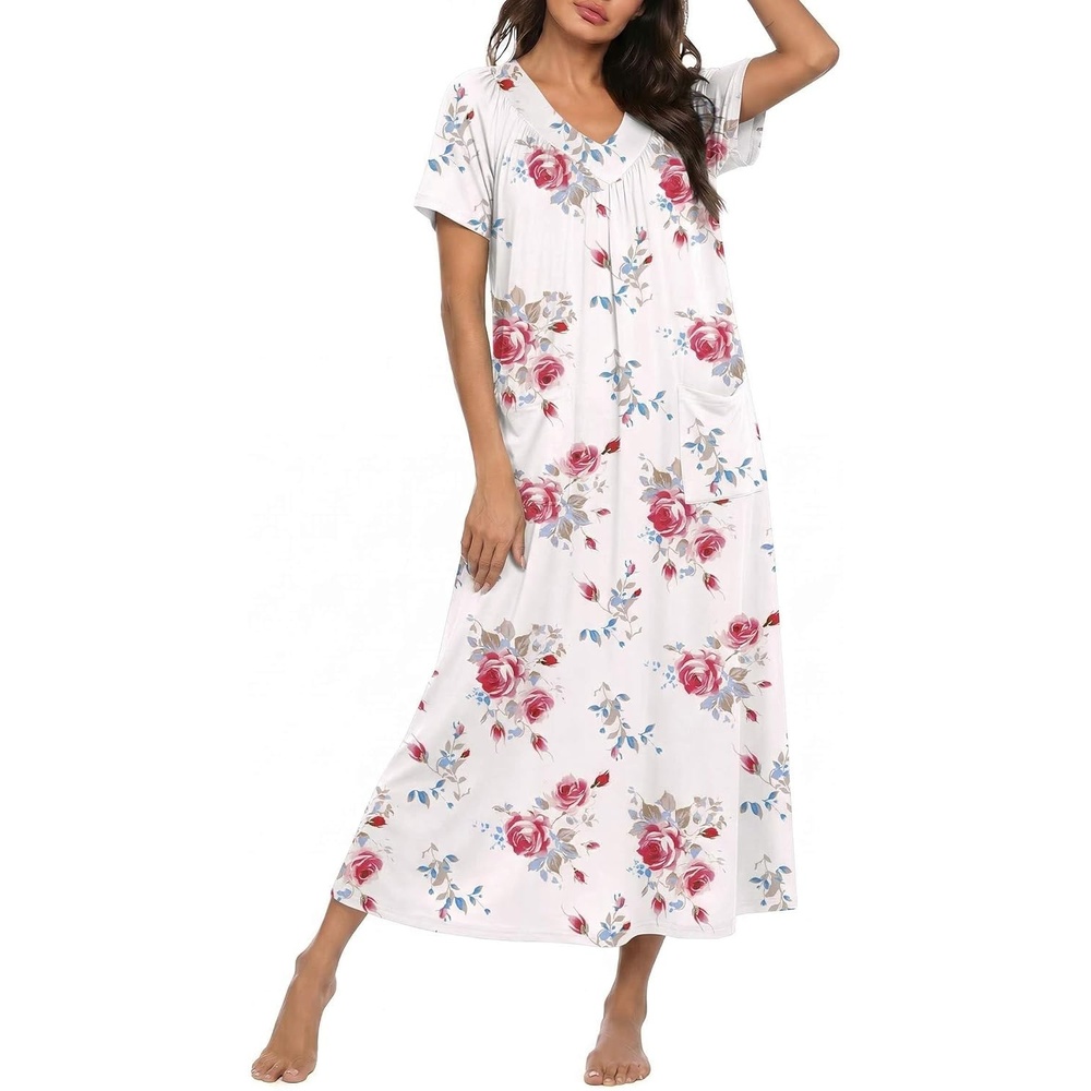 image:imageEkouaer Long Nightgowns for Women Short Sleeve Full Length Night ShirtsRed Flower