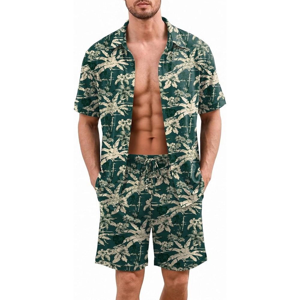 image:imageEkouaer Mens Pajama Sets Button Down Summer Pjs Hawaiian Lounge Set XSXXLCoconut Tree  Blue Green