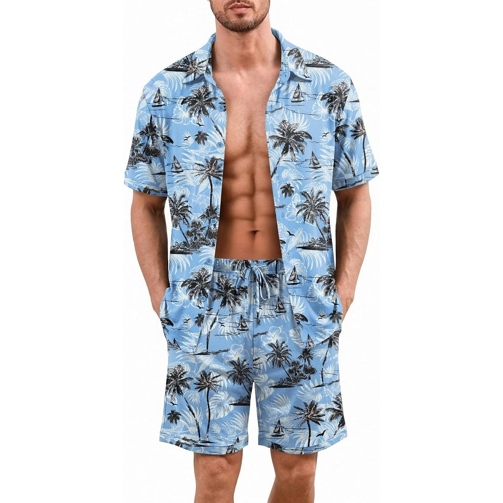 image:imageEkouaer Mens Pajama Sets Button Down Summer Pjs Hawaiian Lounge Set XSXXLCoconut Tree  Light Blue