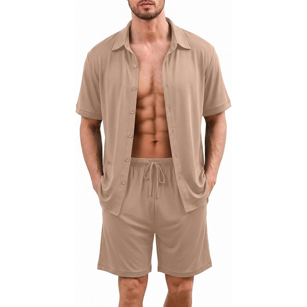 image:imageEkouaer Mens Pajama Sets Button Down Summer Pjs Hawaiian Lounge Set XSXXLKhaki