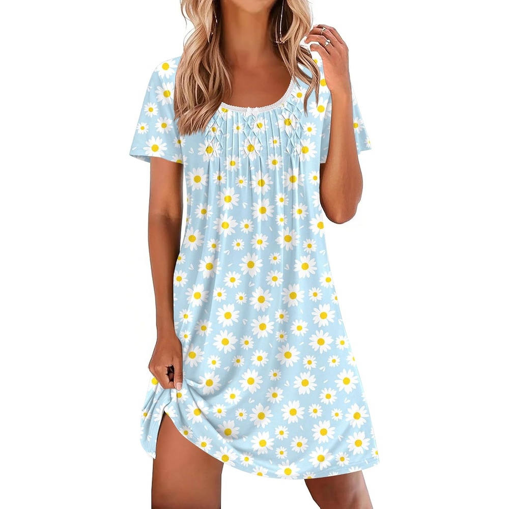 image:imageEkouaer Nightgowns for Women Pleated Sleep Shirts Short Sleeve Night ShirtsDaisy Floral