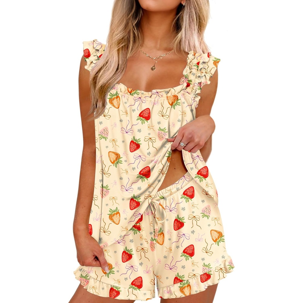 image:imageEkouaer Pajama for Women Set 2 Piece Ruffle Pjs Soft Tank Top and ShortsBow Strawberries