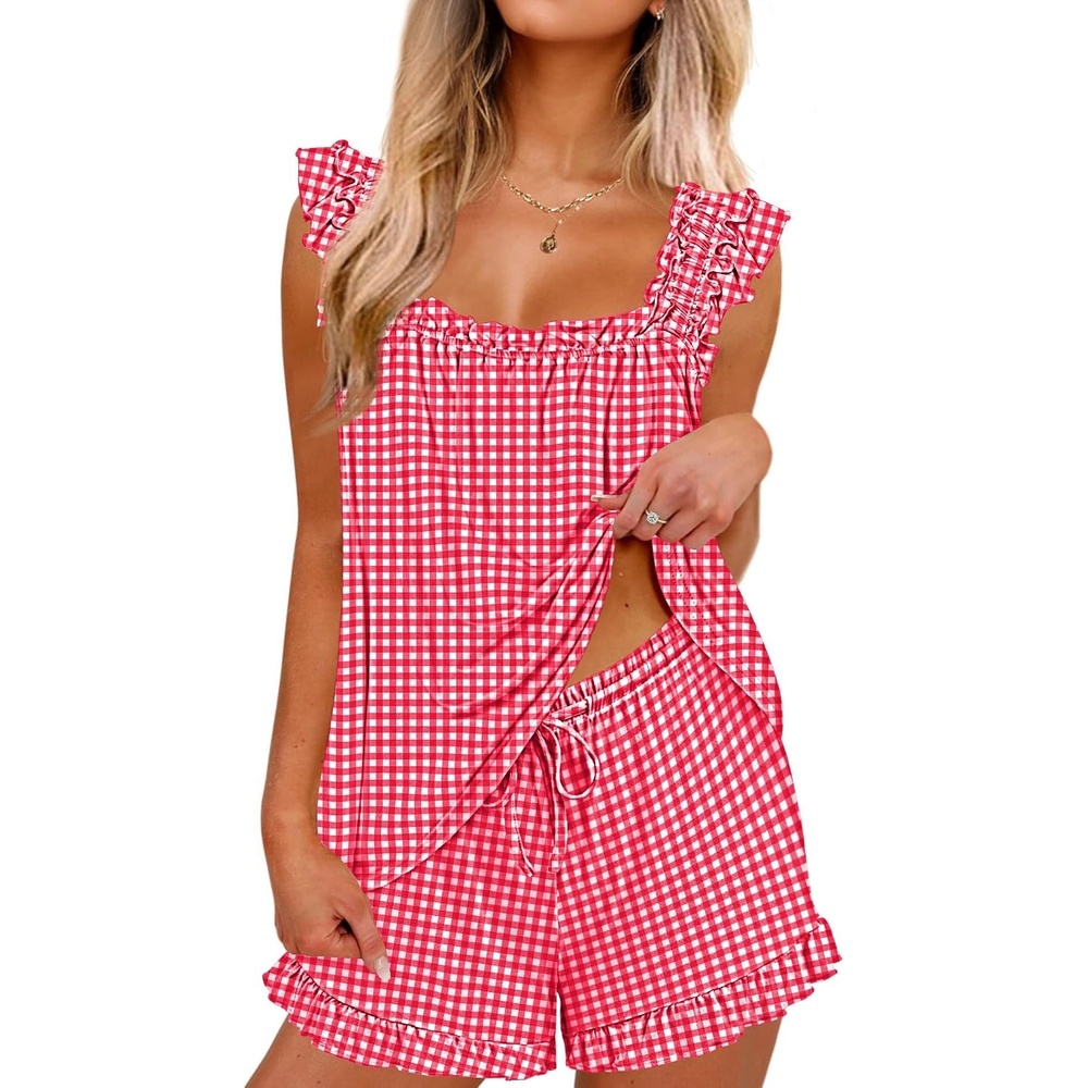 image:imageEkouaer Pajama for Women Set 2 Piece Ruffle Pjs Soft Tank Top and ShortsGingham Red