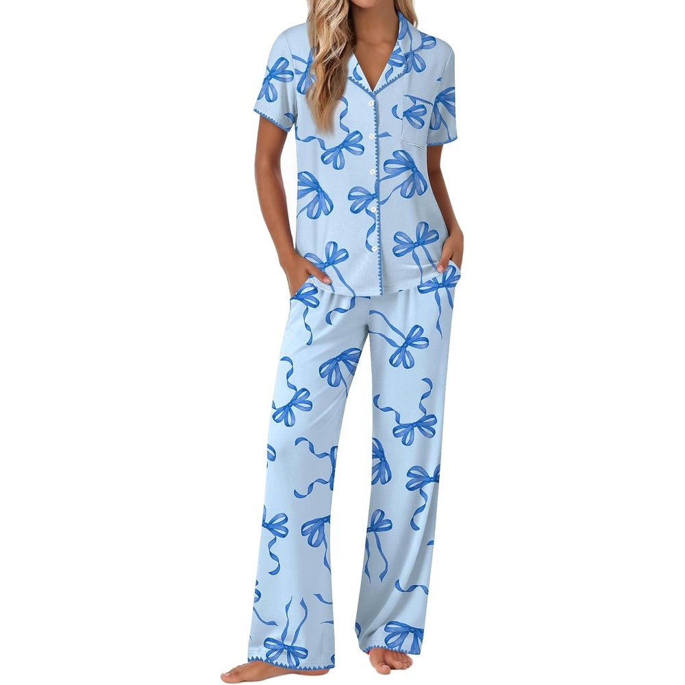 image:imageEkouaer Pajamas for Women Set Button Up Soft Pjs Short Sleeve Lounge SetsBlue Bow Tie