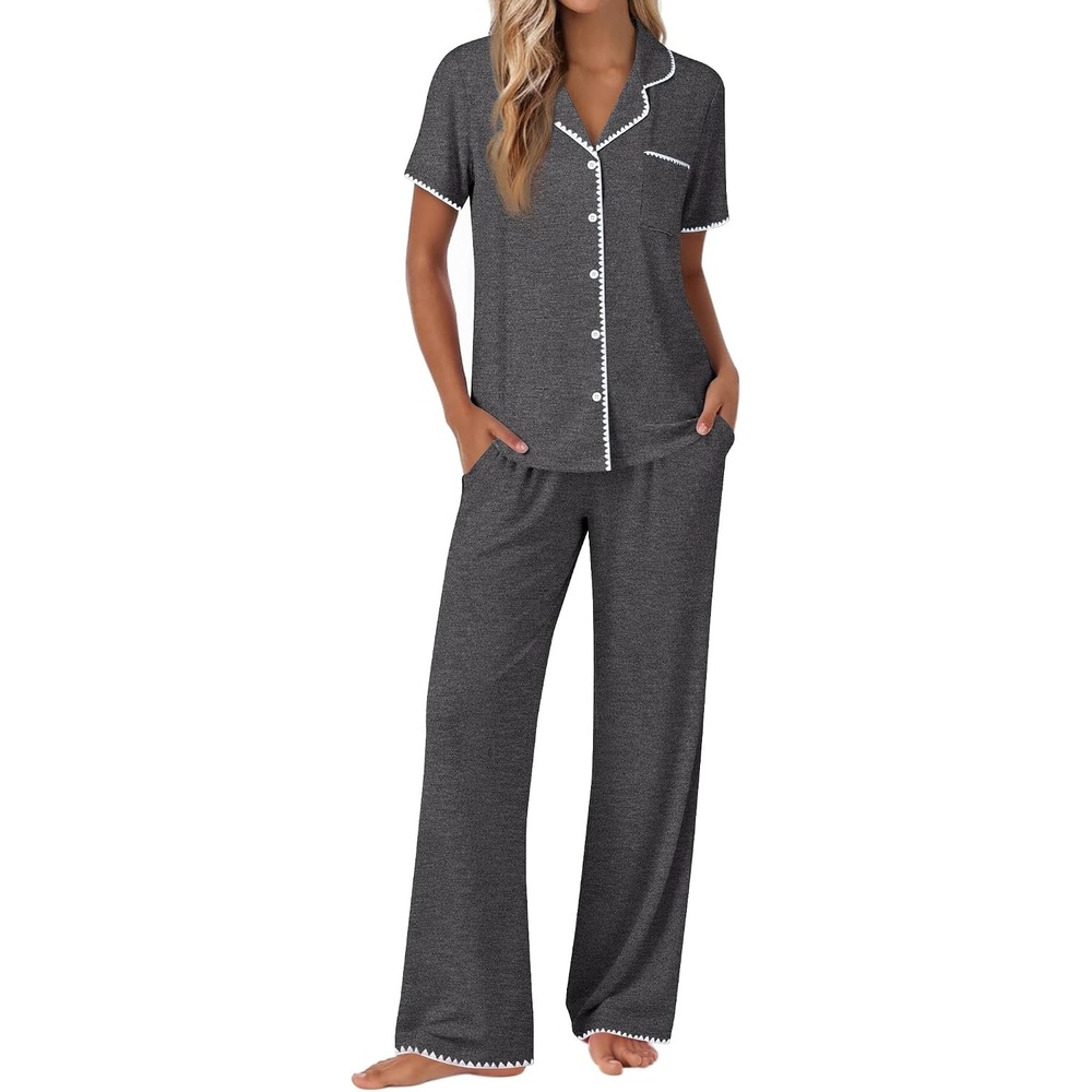 image:imageEkouaer Pajamas for Women Set Button Up Soft Pjs Short Sleeve Lounge SetsDeep Grey