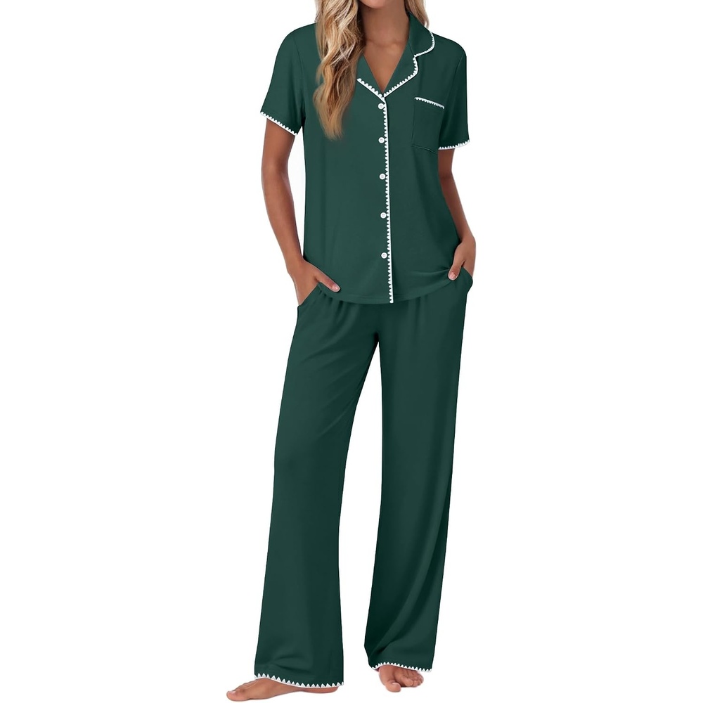 image:imageEkouaer Pajamas for Women Set Button Up Soft Pjs Short Sleeve Lounge SetsGreen