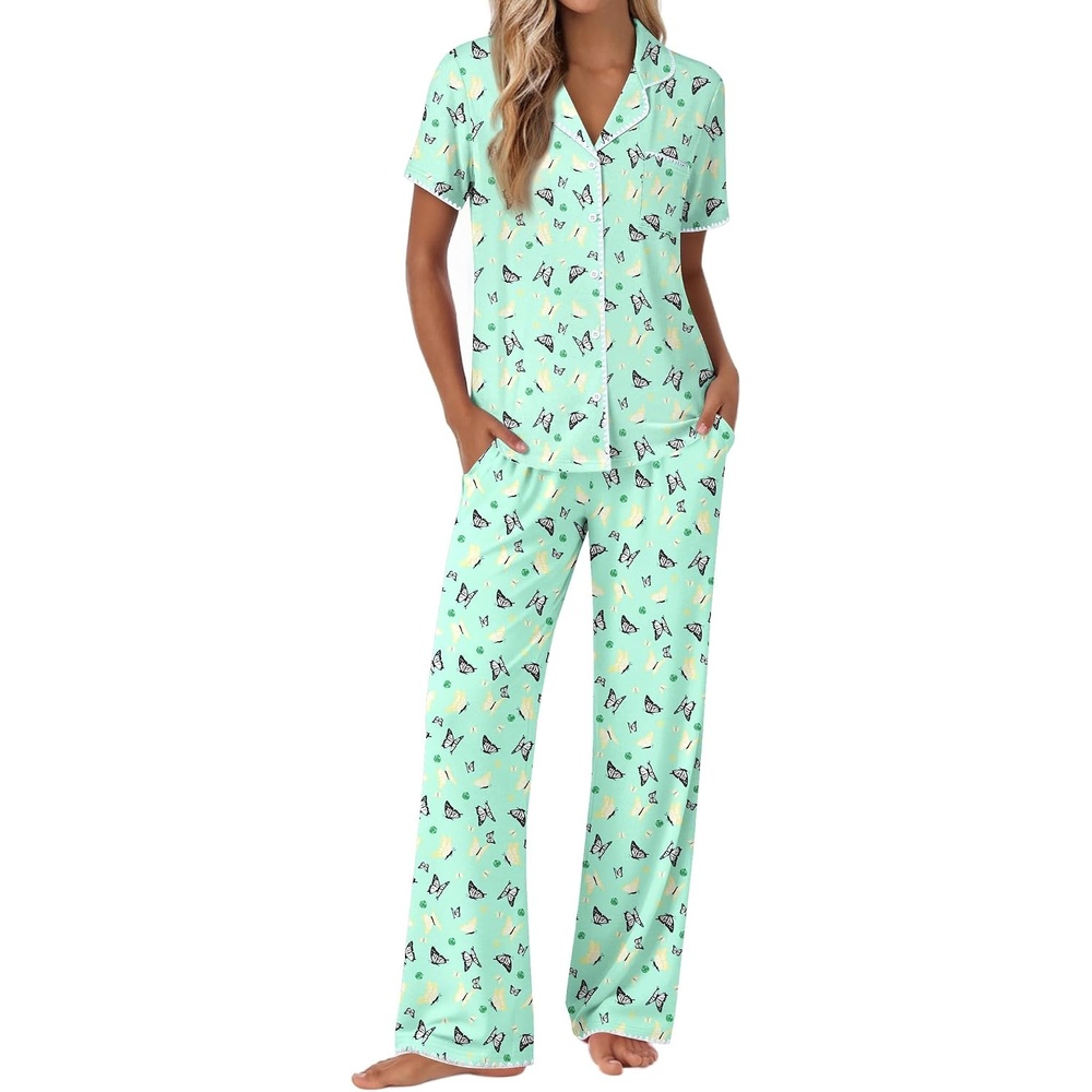 image:imageEkouaer Pajamas for Women Set Button Up Soft Pjs Short Sleeve Lounge SetsGreen Butterfly
