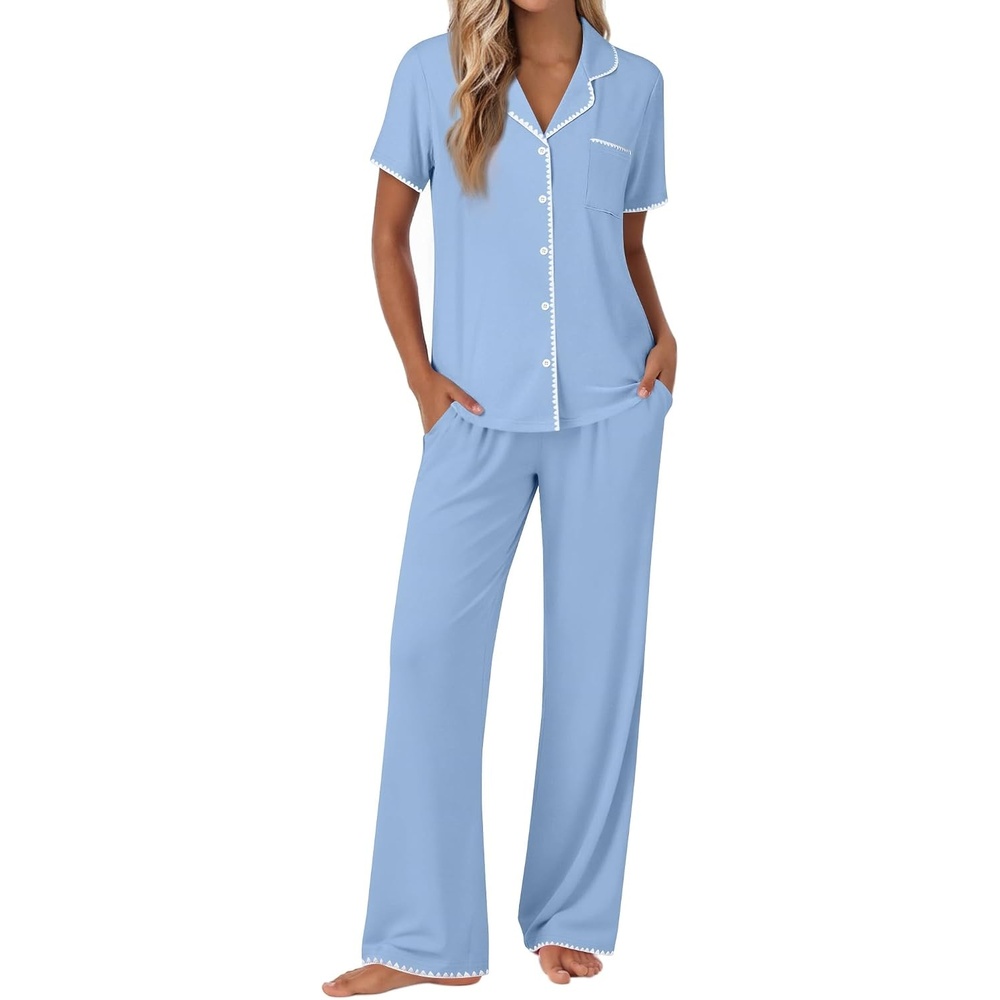 image:imageEkouaer Pajamas for Women Set Button Up Soft Pjs Short Sleeve Lounge SetsLight Blue